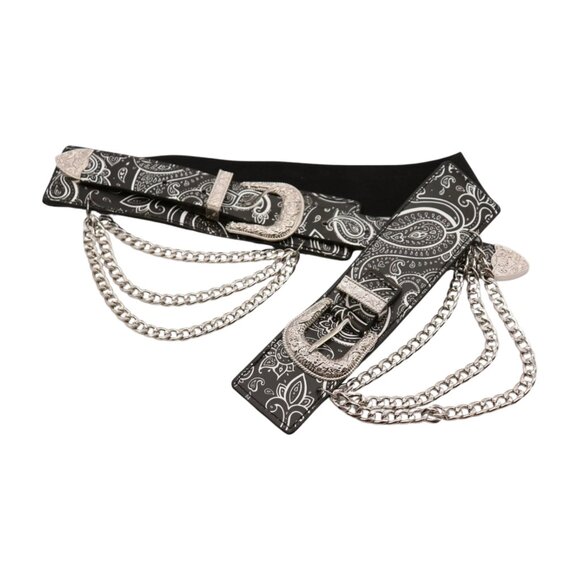 Women Black Elastic Belt Paisley Print Western Double Buckle Chain Waves Fit S M main image 5